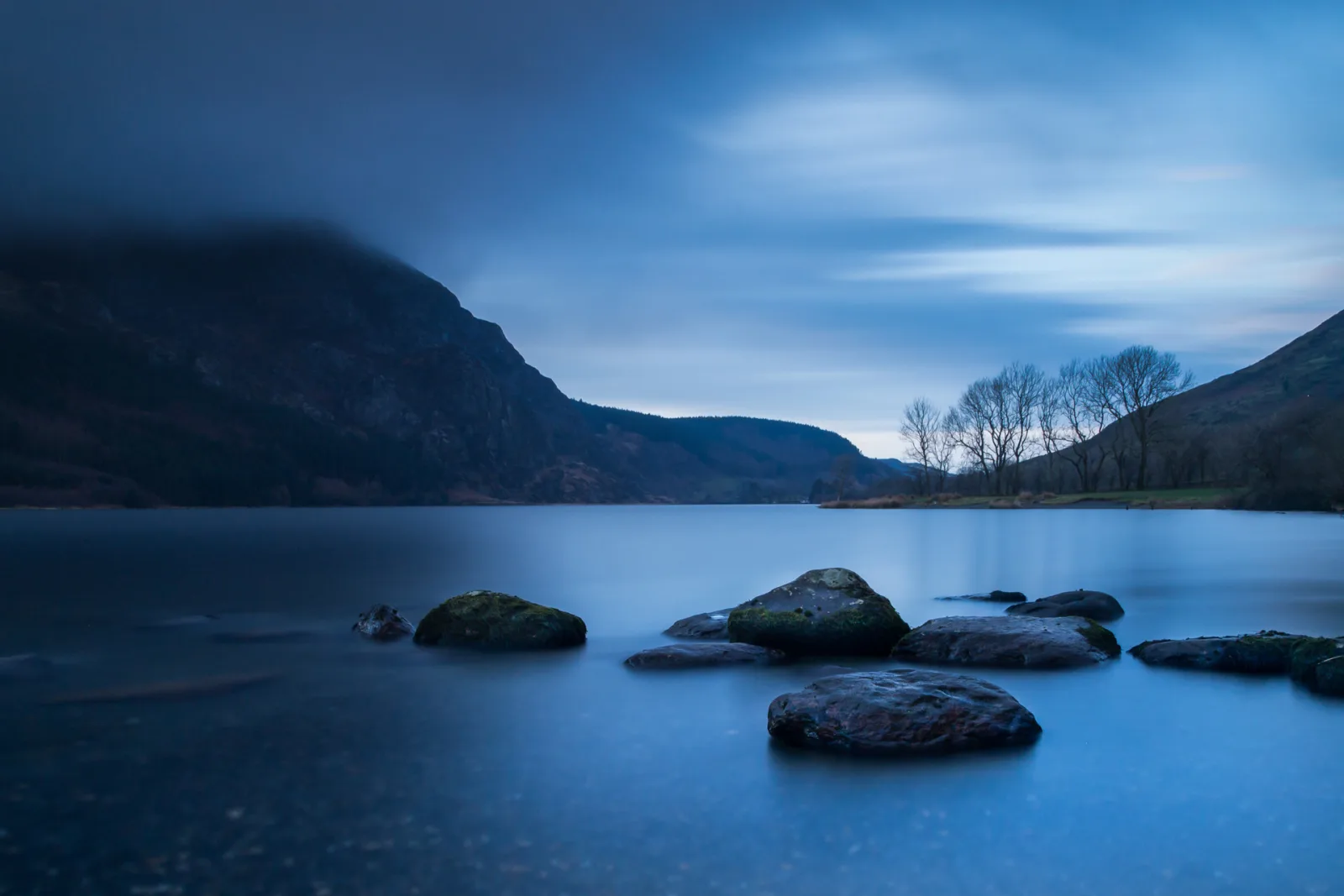 Long exposure of a lake at blue hour, Snowdonia